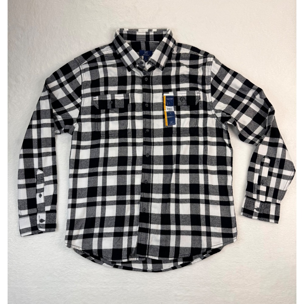 George Mens Vivid Flannel Shirt Large Black White Plaid Long Sleeve Super Soft